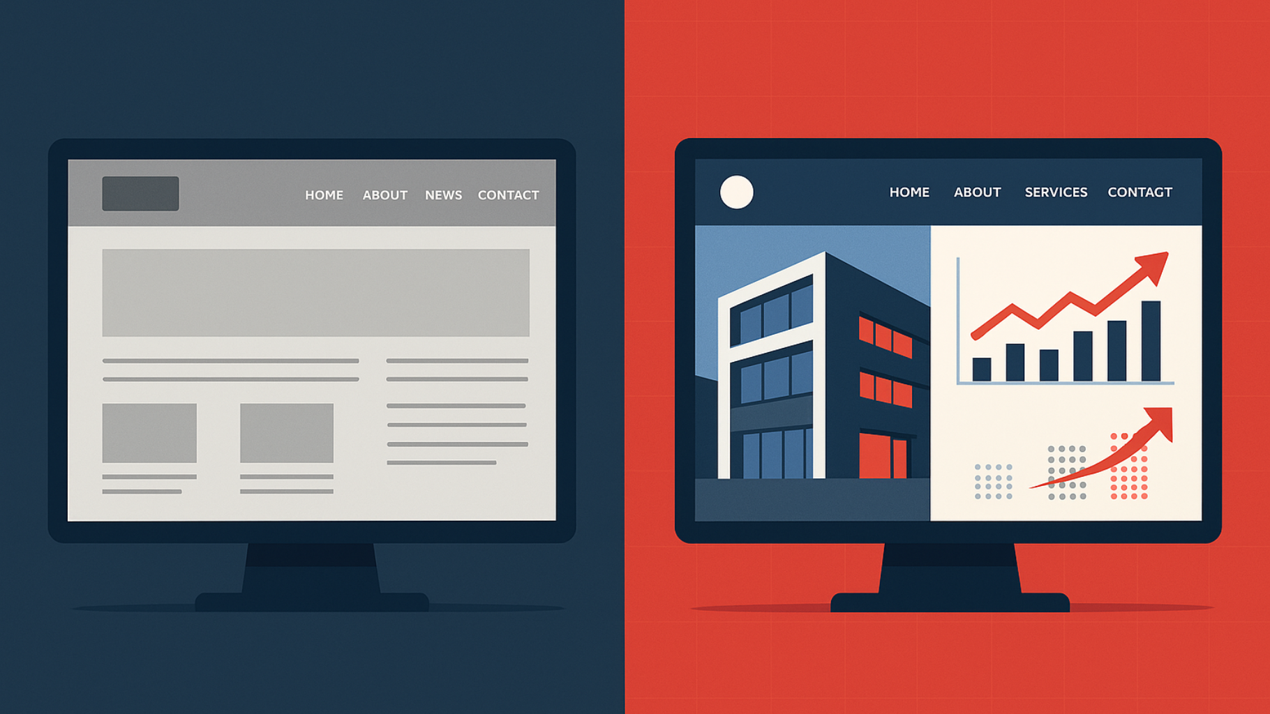 Two computer monitors: one blank, one displaying real estate website with building and rising graph.
