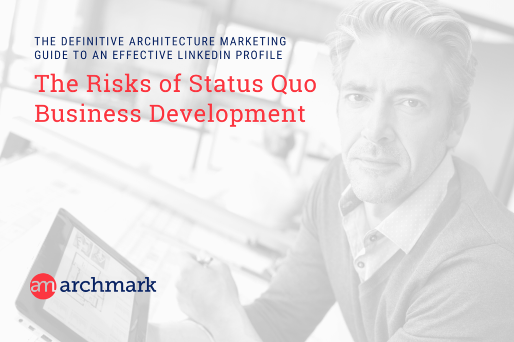 a man sitting in front of a laptop with the words the risks of status quo business development on the bottom