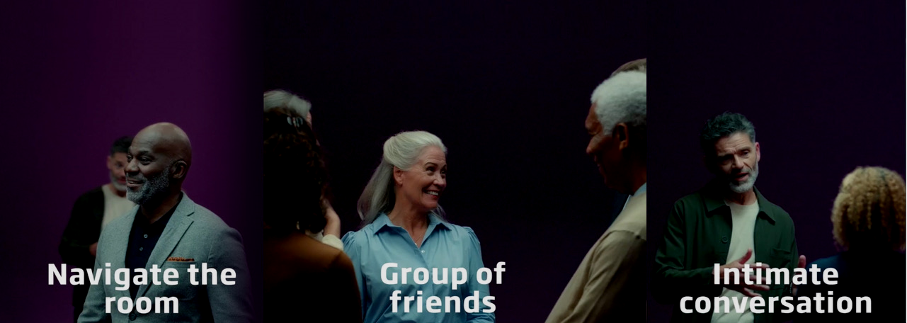 A group of people standing next to each other with the words navigate the room group of friends and intimate conversation