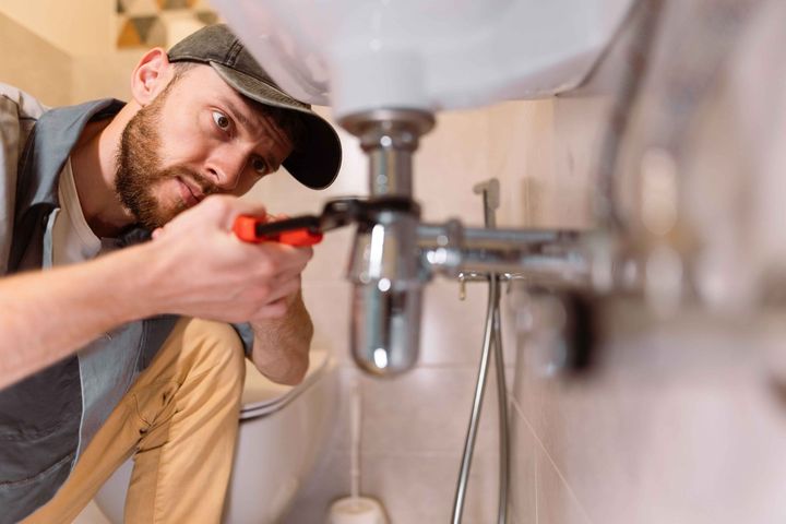 A man is fixing a sink in a bathroom with a wrench.