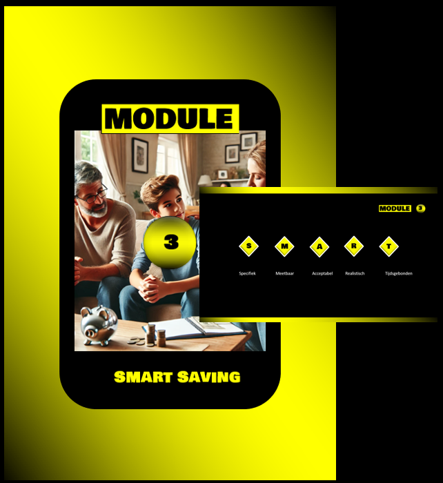 Een telefoon met een foto van een gezin en de woorden module smart saving erop