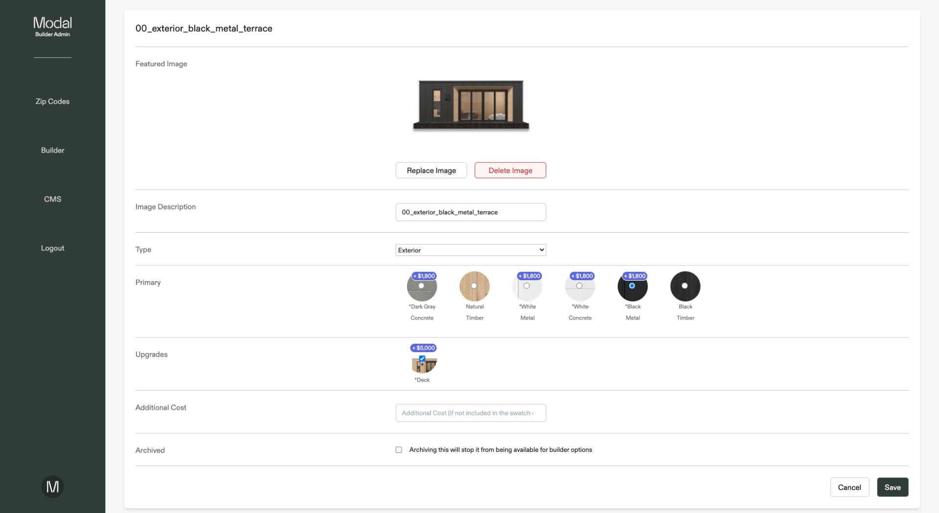 modal livng product admin interface