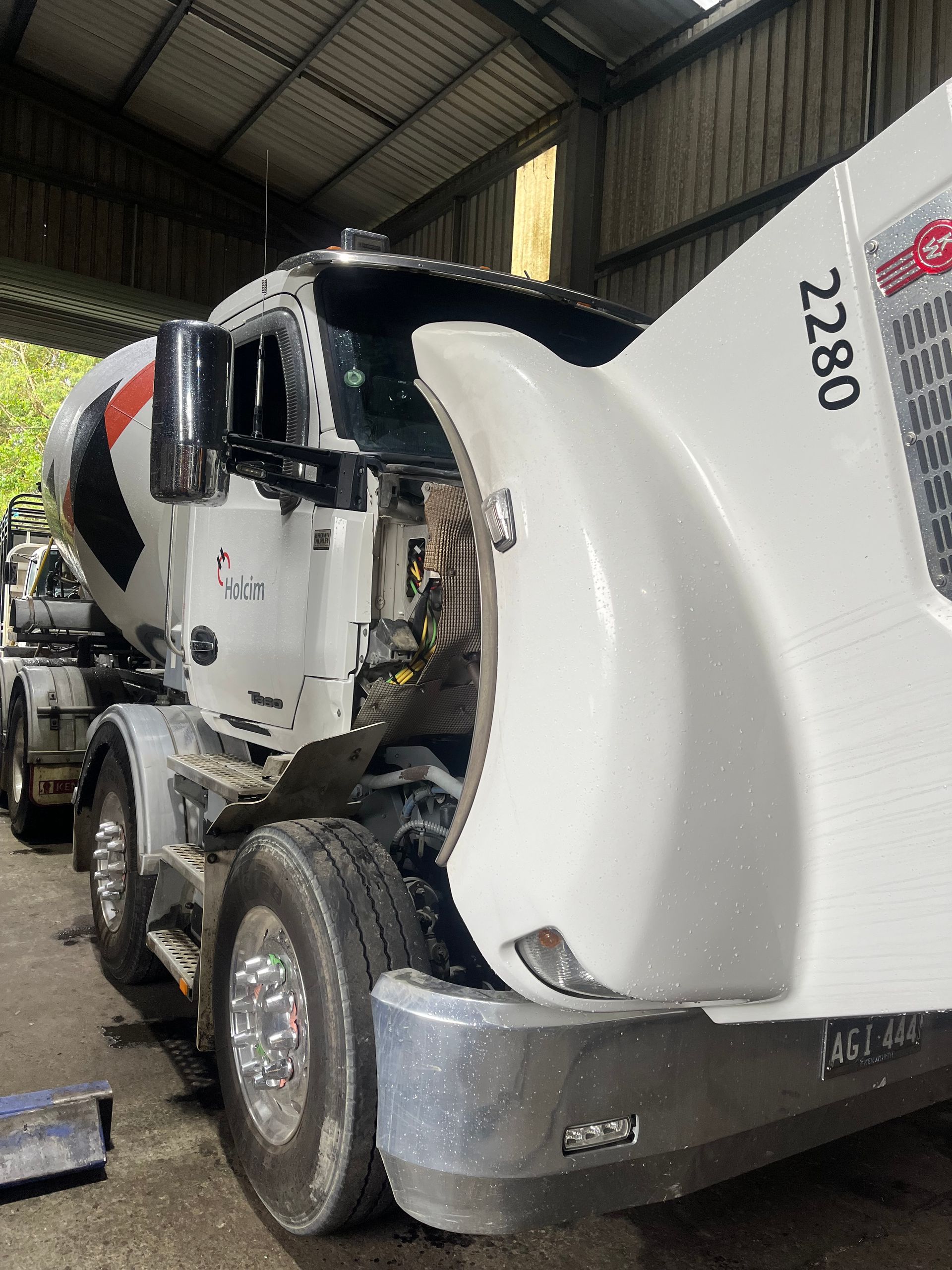 A Truck with Its Hood Open for Repairs — Wards Byron Shire Truck & Machinery Centre In Tyagarah, NSW