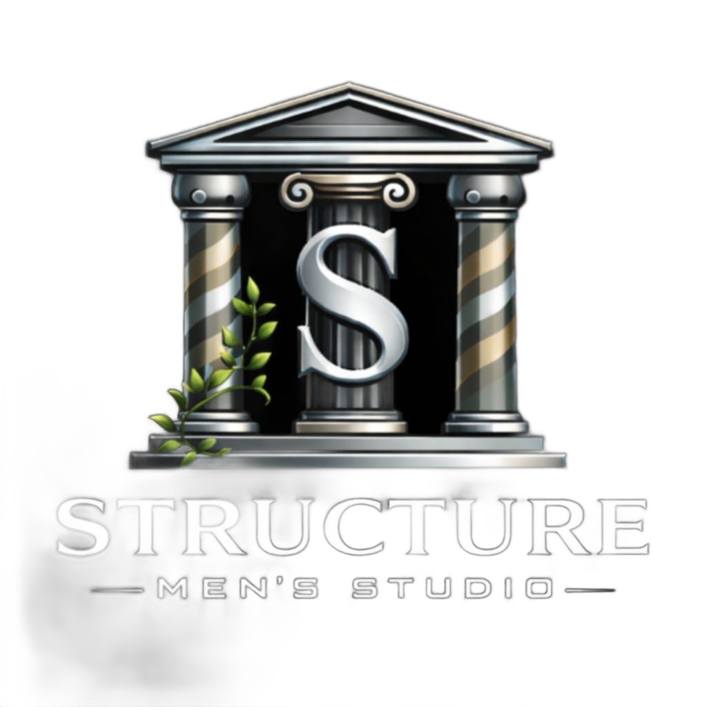Logo for Structure Men's Studio: an "S" inside a stylized Greek temple, with text below.