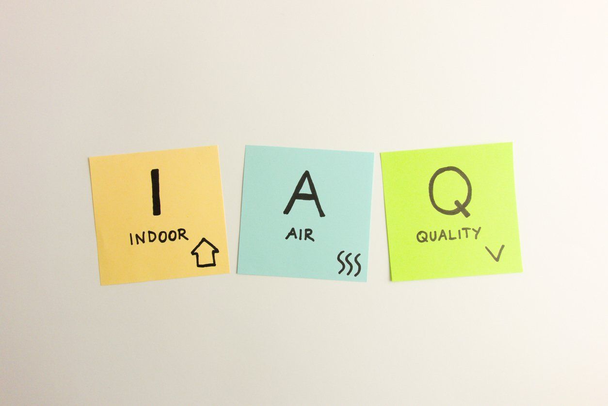 Indoor air quality abbreviation IAQ handwritten on sticky notes.
