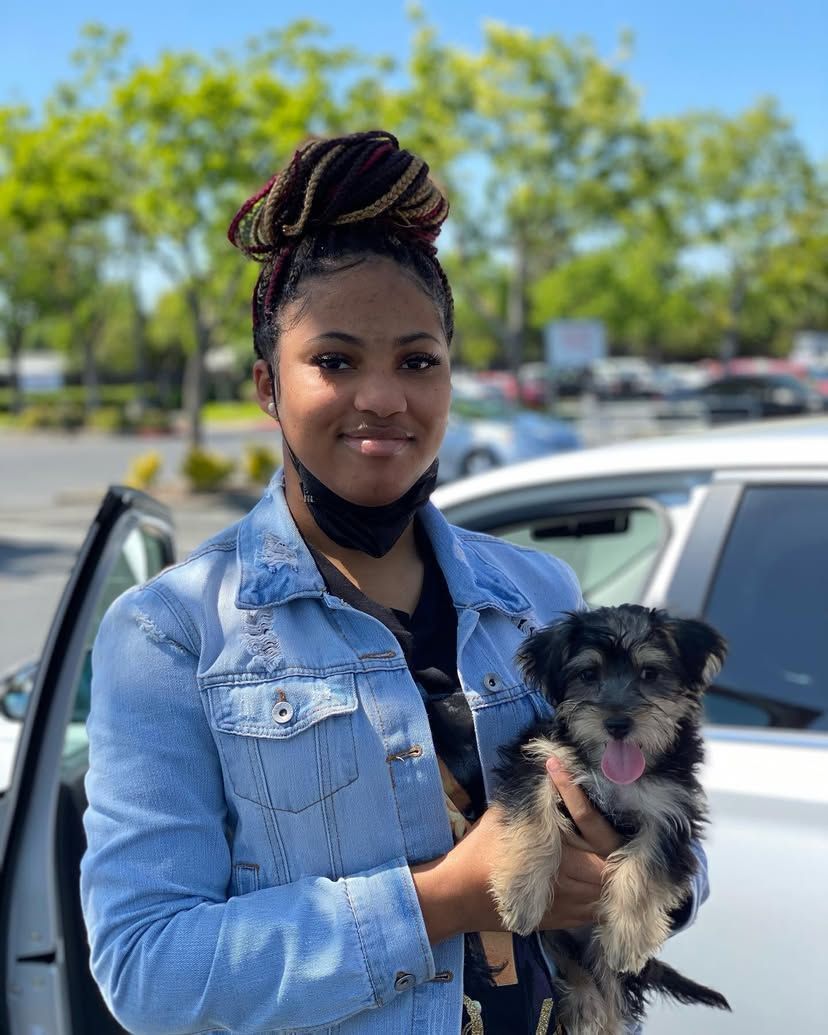 A woman is holding a small dog in front of a car.