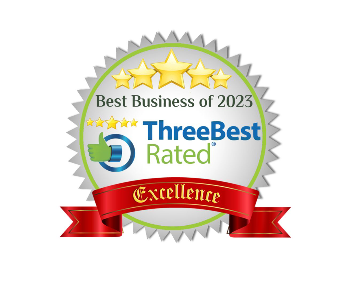 A seal that says best business of 2023 three best rated excellence