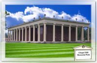 Chapel Hill Memorial Park sign with a columned building, green lawn, and blue sky