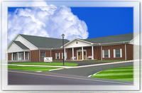 Modern brick building with white columns and a blue sky, shown in a framed rendering