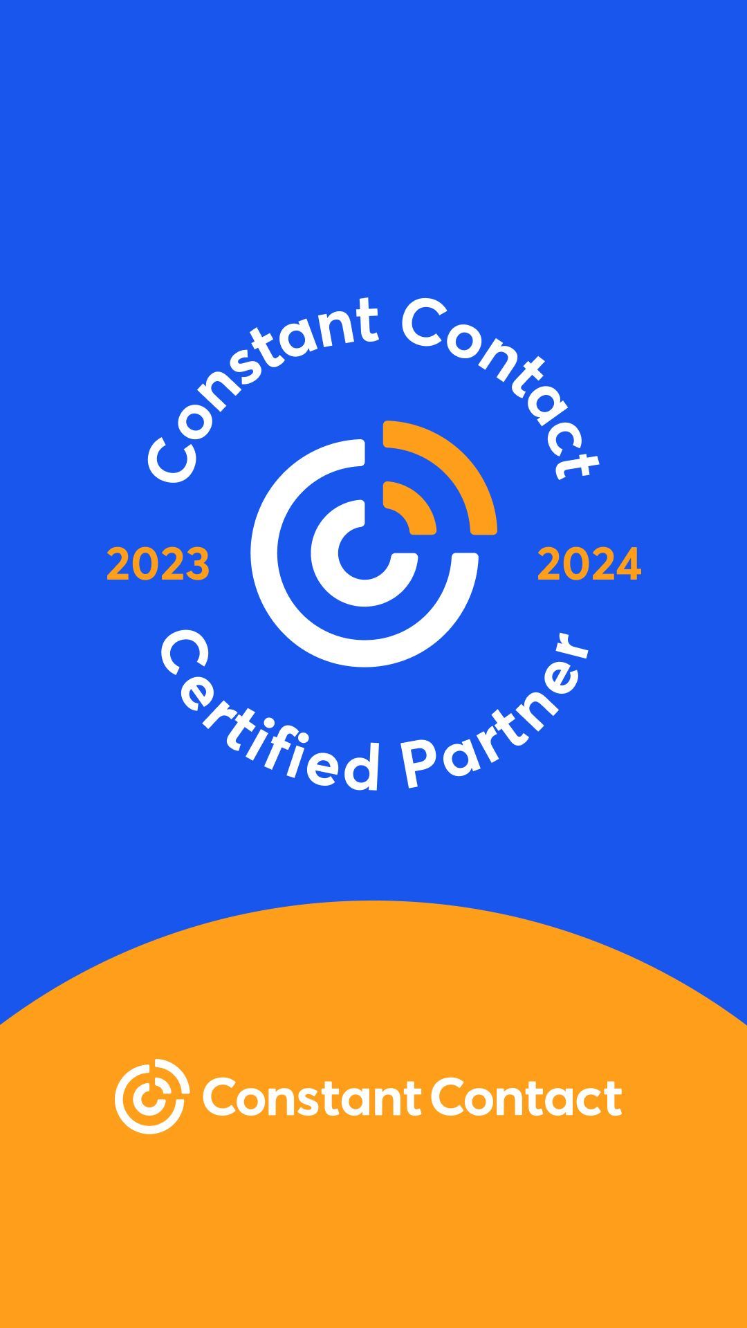 a constant contact certified partner logo on a blue and orange background .