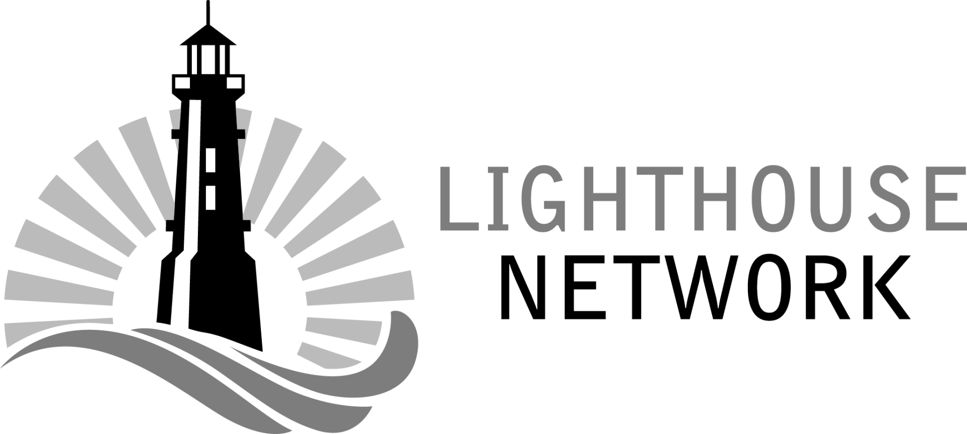 a black and white logo for a lighthouse network with a lighthouse and waves .