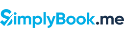 The logo for simplybook.me is blue and white on a white background.