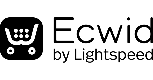 a black and white logo for ecwid by lightspeed with a shopping cart icon .