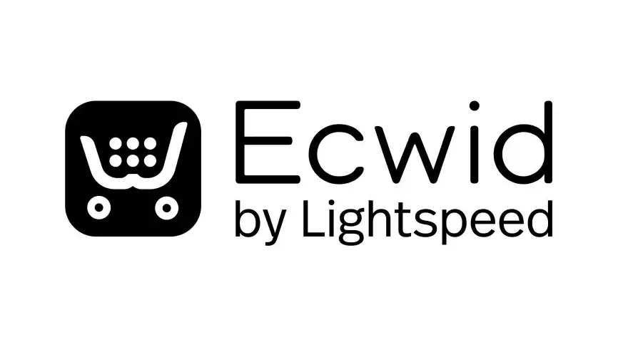 A black and white logo for ecwid by lightspeed with a shopping cart icon.