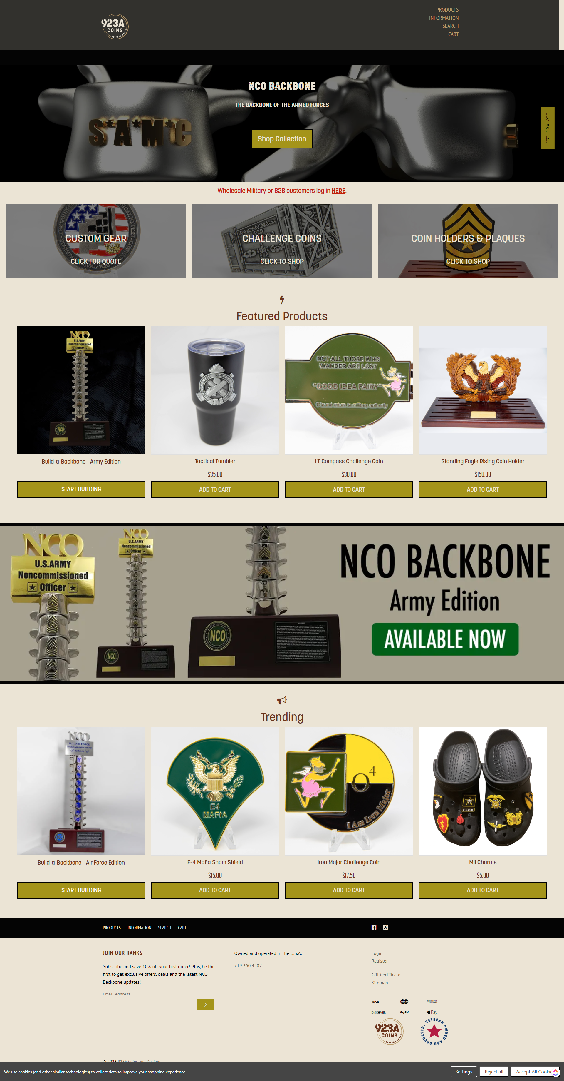 A screenshot of a website for nco backbone army edition.