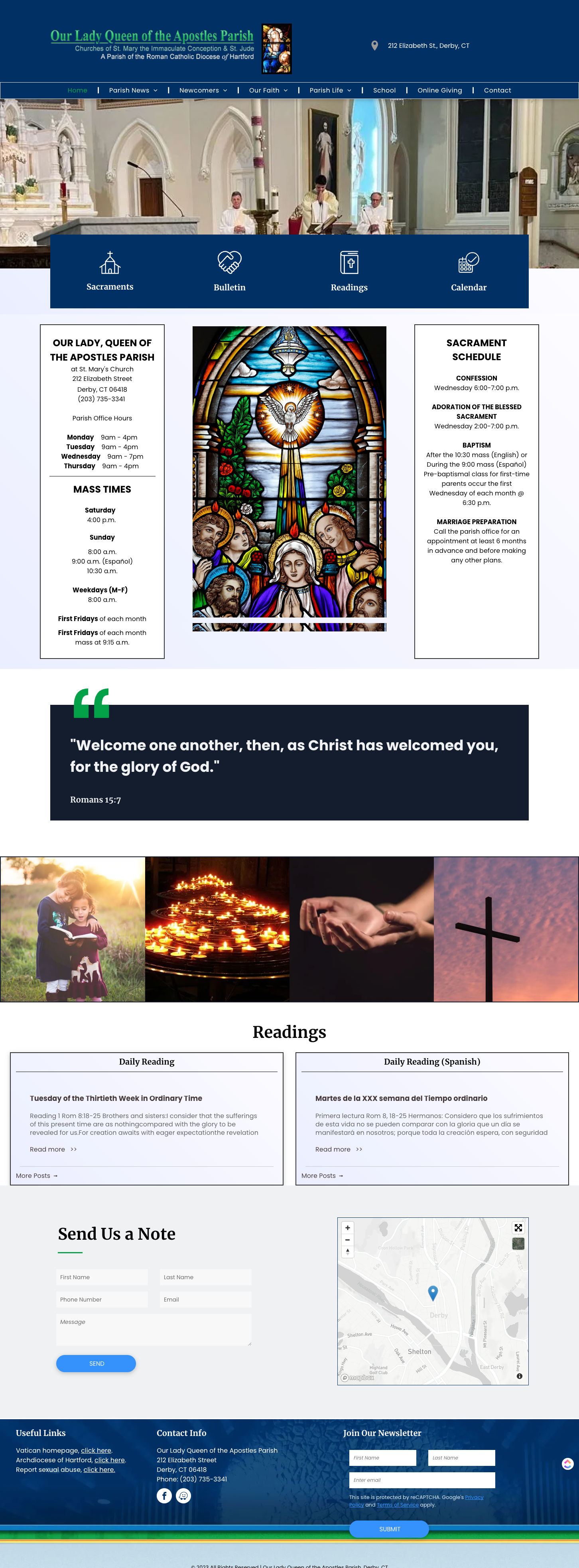 A screenshot of a website for a church with a stained glass window.