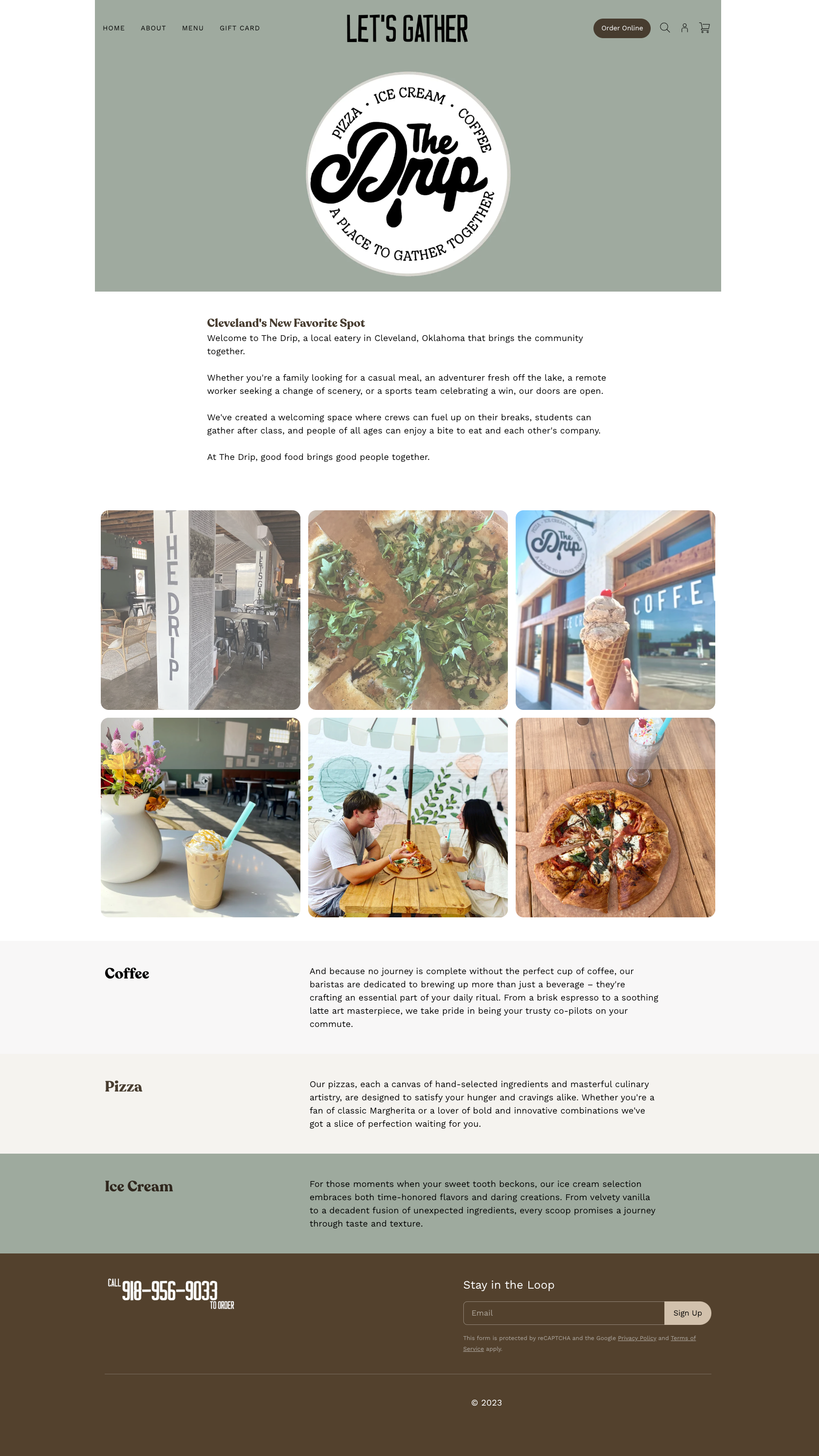 A screenshot of a website for a coffee shop called the drip.