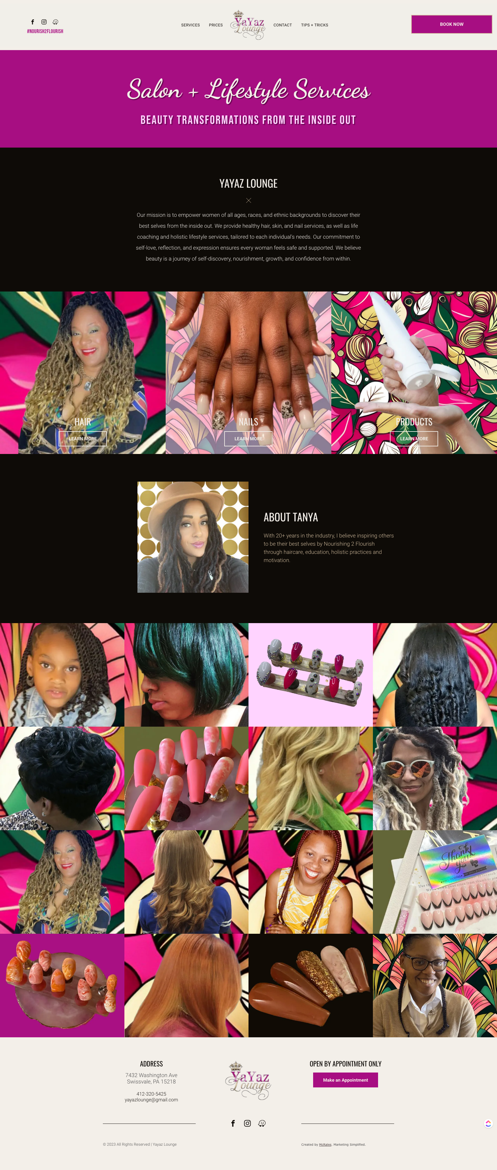 a website for a salon and lifestyle services called Yaya'z Lounge in Swissvale, PA
