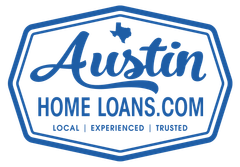 the logo for austin home loans.com is blue and white .