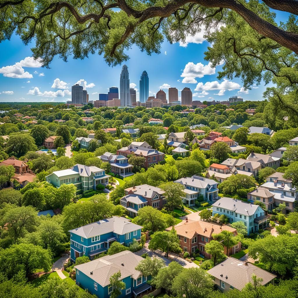 an aerial view of a residential area with a city skyline in the background .