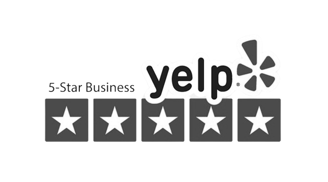 a black and white yelp logo with five stars .