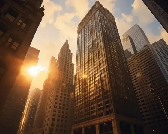 Hard Money Lender Los Angeles -  stunning view of tall commercial skyscrapers bathed in the warm glow of the setting sun.
