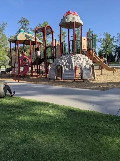 Sunlit playground at Montrose Community Park with colorful play structures, children climbing on jungle gyms under bright blue skies