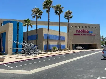 Sunlit white facade of MOLAA with bold geometric architecture, palm trees framing the entrance under blue Long Beach skies