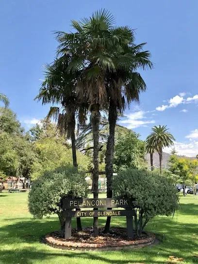 Majestic palm tree towering over Pelanconi Park’s grassy lawn, its fronds swaying under a bright blue Glendale sky