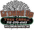 Ground Up Tree Care logo: brown and black text with tree graphic, phone number, and location.