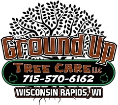 Ground Up Tree Care logo: brown and black text with tree graphic, phone number, and location.