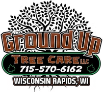 Ground Up Tree Care logo: brown and black text with tree graphic, phone number, and location.