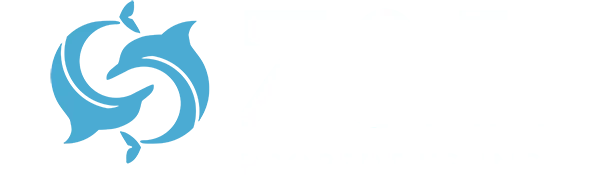 A blue dolphin logo on a white background.