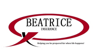 Logo for Beatrice Insurance featuring the company name inside a maroon oval with the slogan