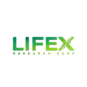 Logo for LIFEX Research Corp with green gradient text and a DNA helix integrated into the letter X.