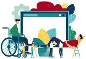 A stylized illustration of diverse people interacting with a large digital screen, including a person in a wheelchair.