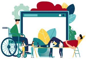 A stylized illustration of diverse people interacting with a large digital screen, including a person in a wheelchair.