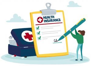 A person signs a health insurance form next to a medical kit on a light blue background.