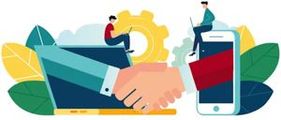 A digital illustration shows a handshake between two arms reaching out of a laptop and a smartphone, with people working.