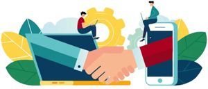 A digital illustration shows a handshake between two arms reaching out of a laptop and a smartphone, with people working.