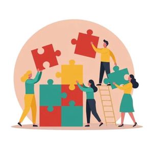 Four people work together to assemble a large, colorful jigsaw puzzle on a circular background.