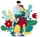 A family of four embracing amidst stylized leaves and vibrant red flowers.