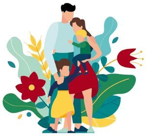 A family of four embracing amidst stylized leaves and vibrant red flowers.