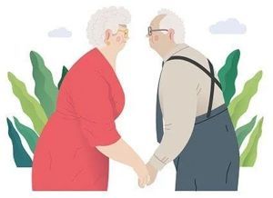 Two people standing facing each other, holding hands against a backdrop of green plants and small clouds.