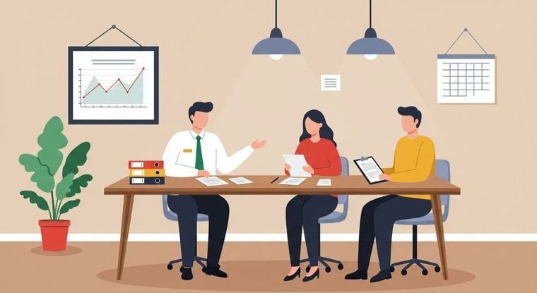 Three people in business attire sit around a table in an office, reviewing documents under two hanging pendant lights.