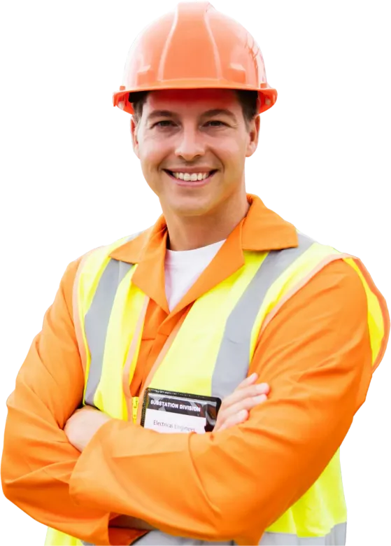 A man wearing a hard hat and safety vest is smiling with his arms crossed.