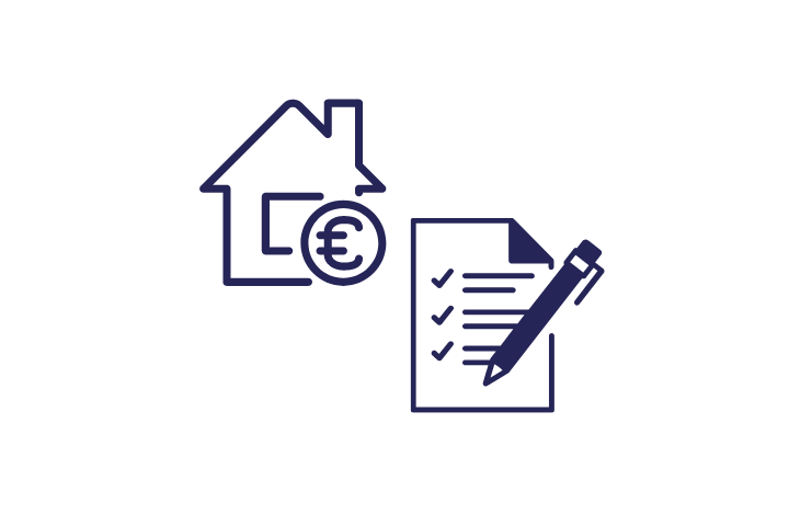 Ein Symbol eines Hauses, eines Stifts und eines Blattes Papier.
