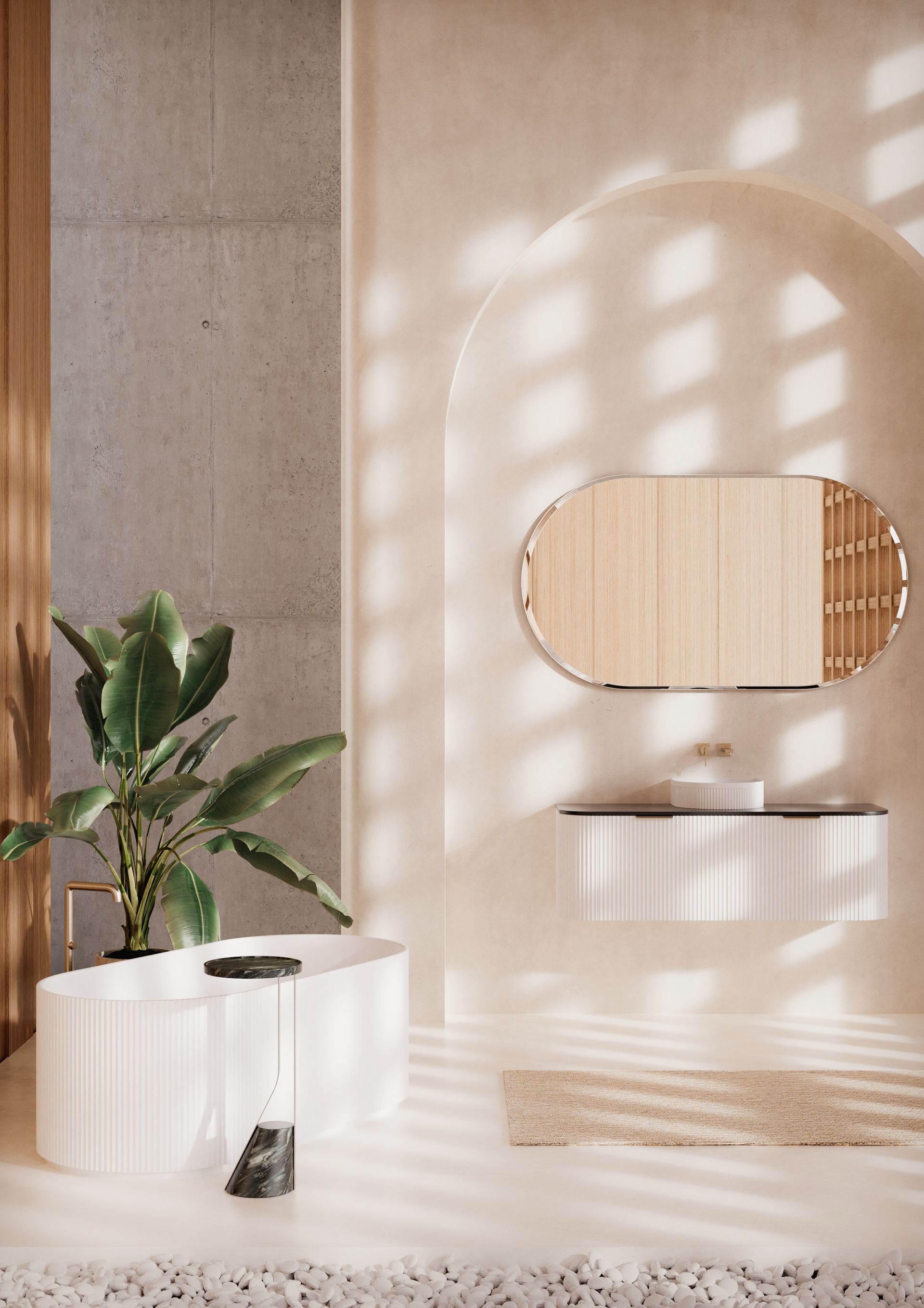 A bathroom with a tub , sink , mirror and plant.