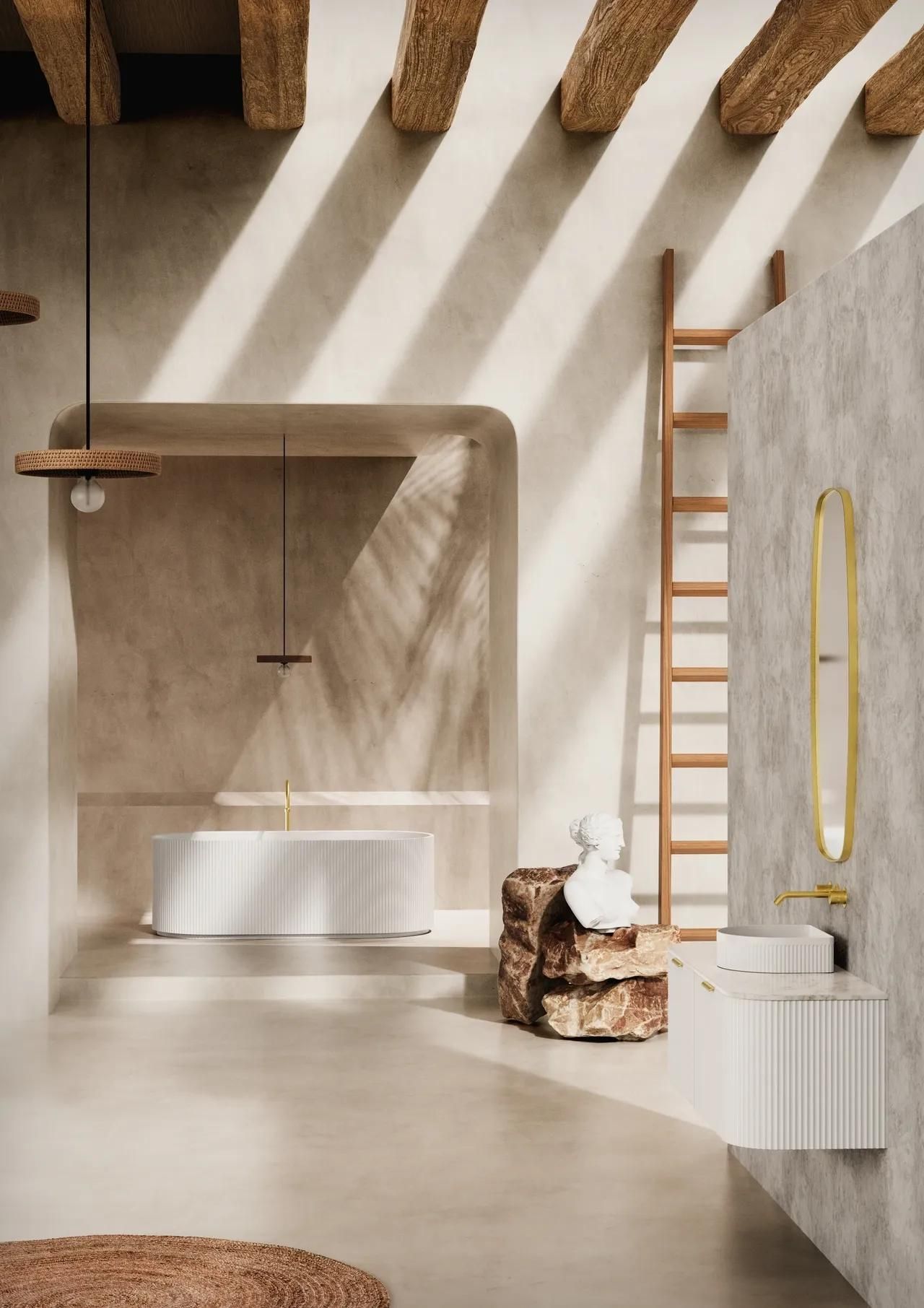 A Bathroom with A Bathtub, Sink, Mirror and Wooden Beams — Peninsula Tiles in Umina Beach, NSW