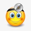 Smiling yellow emoji with a doctor's head mirror, blue eyes, and rosy cheeks.